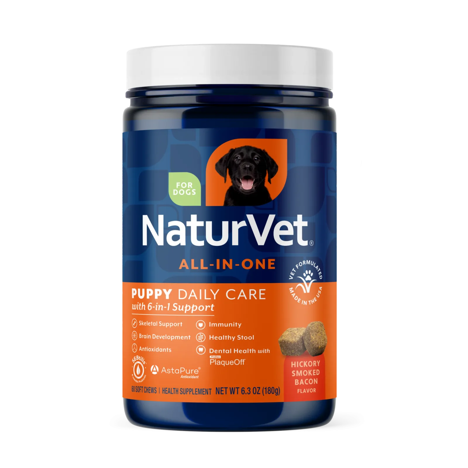 NaturVet Puppy Daily Care All-In-One Supplement for Dogs, 6-In-1 Support, Hickory Smoked Bacon Flavor, 60 Count