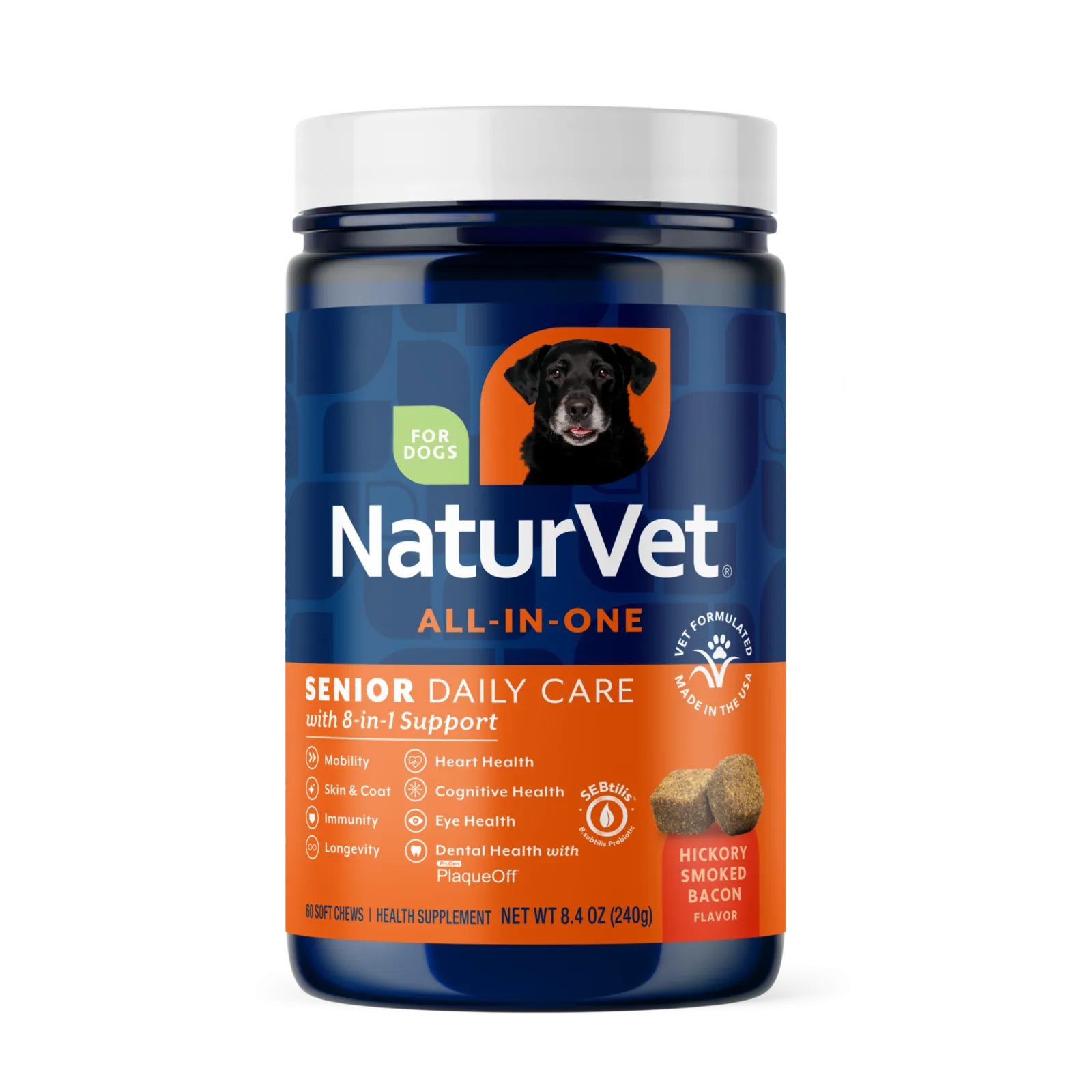NaturVet Senior Daily Care All-In-One Supplement for Dogs, 8-In-1 Support, Hickory Smoked Bacon Flavor, 60 Count