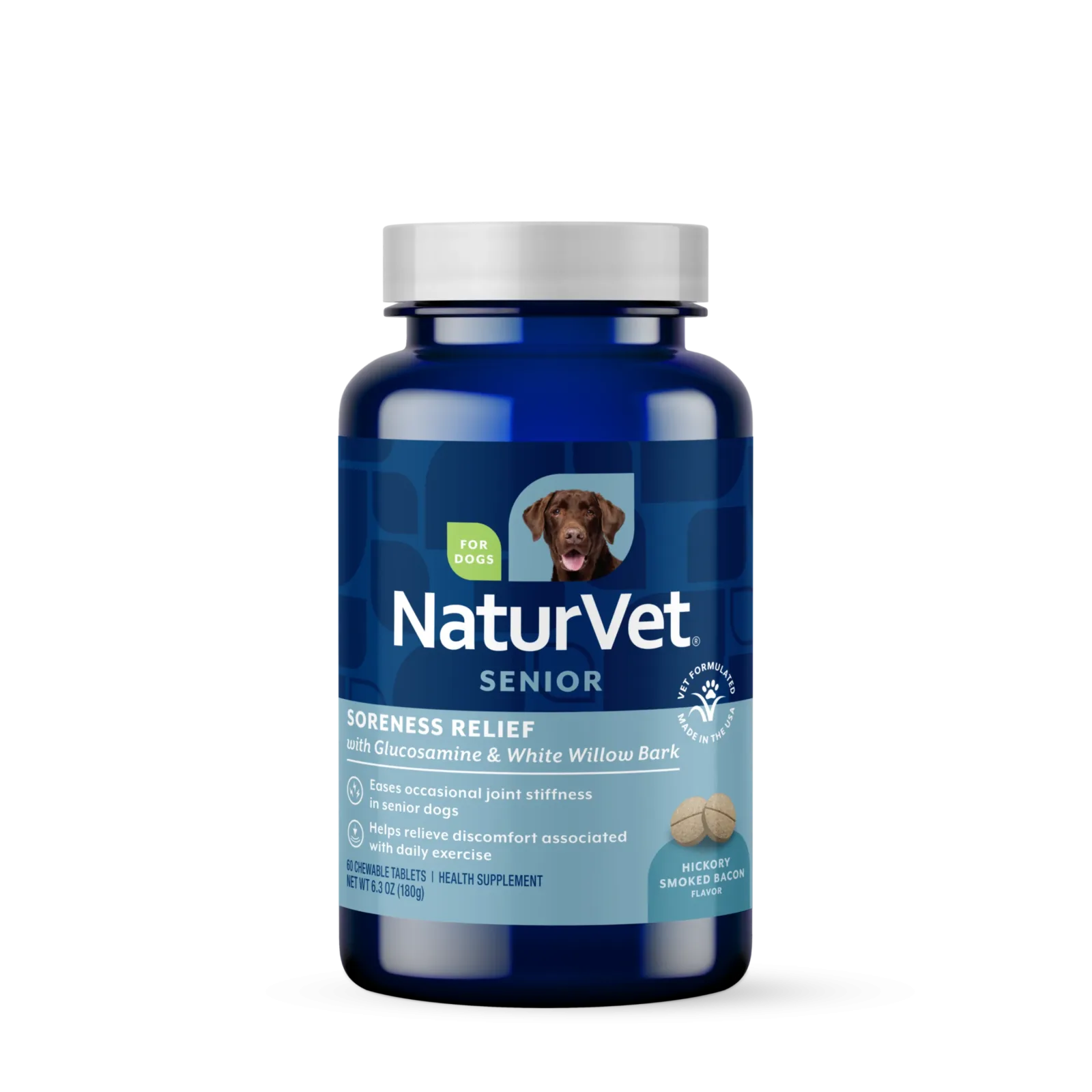 NaturVet Soreness Relief Senior Supplement for Dogs, Hickory Smoked Bacon Flavor, 60 Chewable Tablets