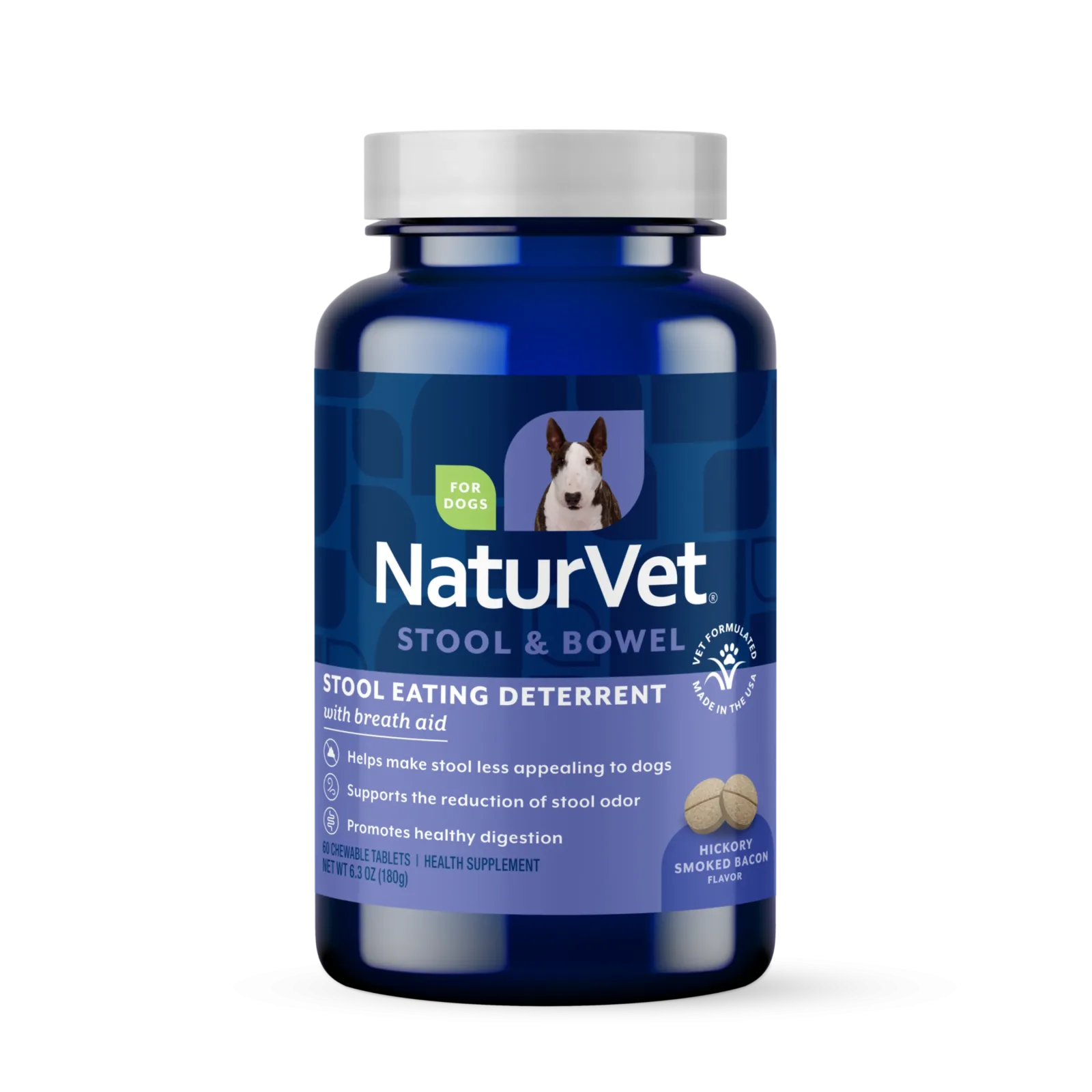 NaturVet Stool Eating Deterrent Stool & Bowel Supplement for Dogs, Hickory Smoked Bacon Flavor, 60 Chewable Tablets
