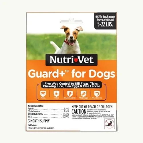 Nutri-Vet Guard+ for Dogs - Flea & Tick Prevention Treatment for Dogs 5-22 Lbs, 3 pack