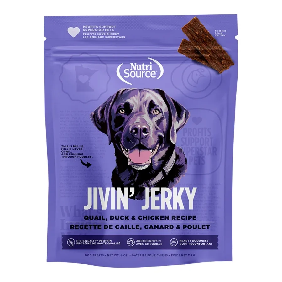 NUTRISOURCE DOG JIVIN JERKY TREAT QUAIL, DUCK, CHICKEN 4OZ