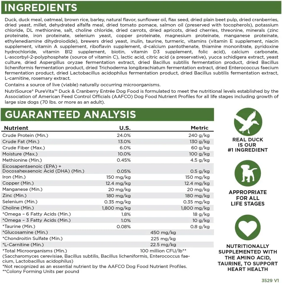 NutriSource Pure Vita Duck / Cranberry Dry Dog Food 4lb - Image 2