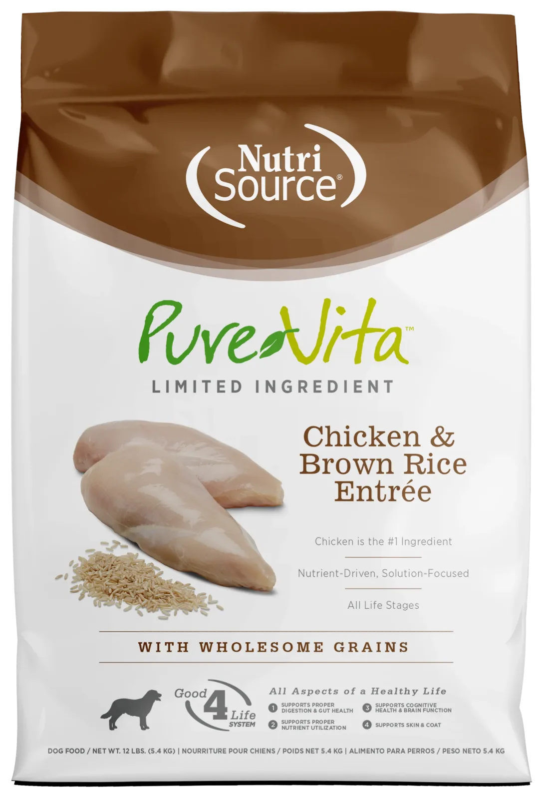 NutriSource PureVita LID Dry Dog Food Chicken & Brown Rice Entrée 12 lb