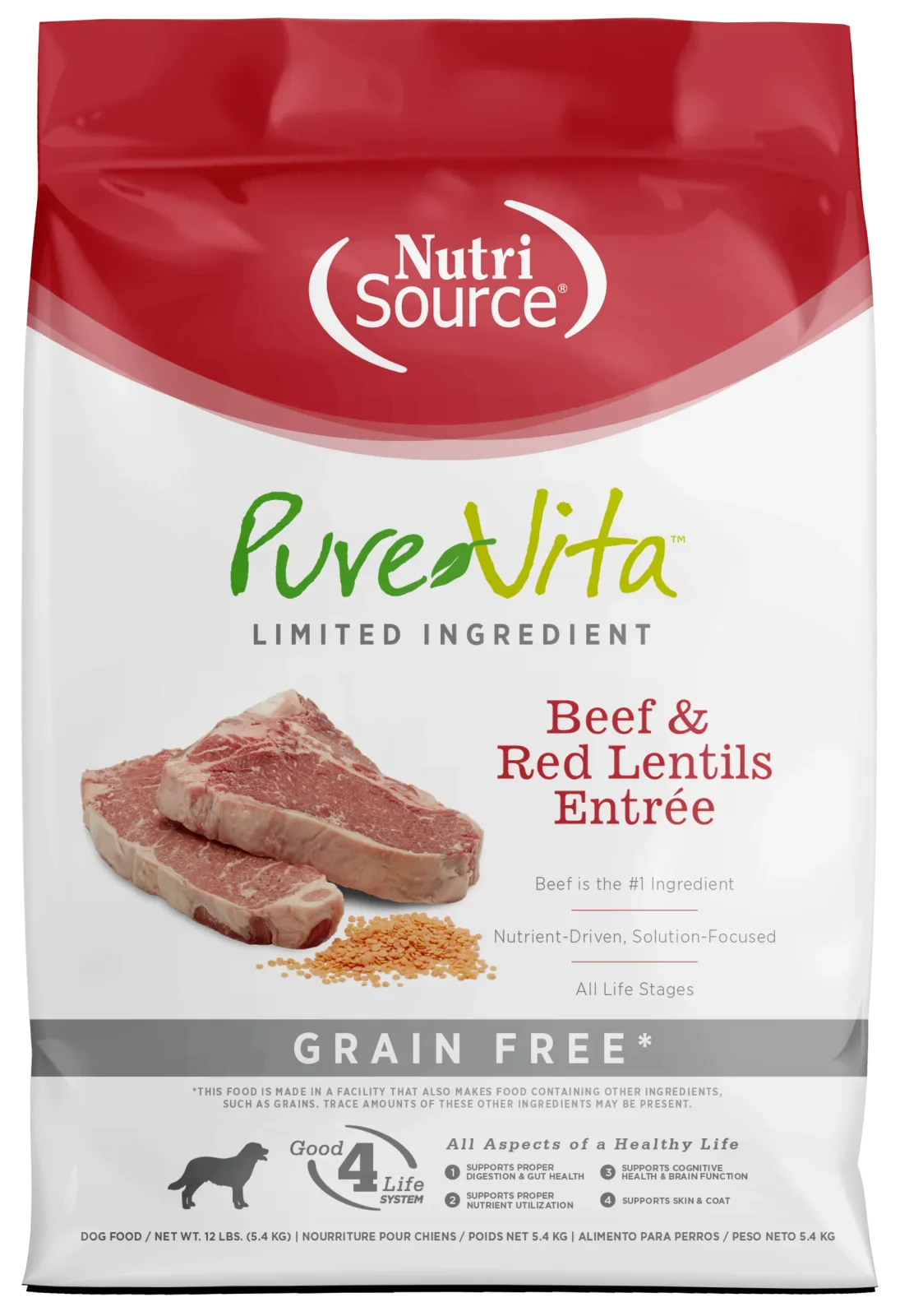 NutriSource PureVita LID Grain Free Dry Dog Food Beef & Red Lentils Entrée 12 lb