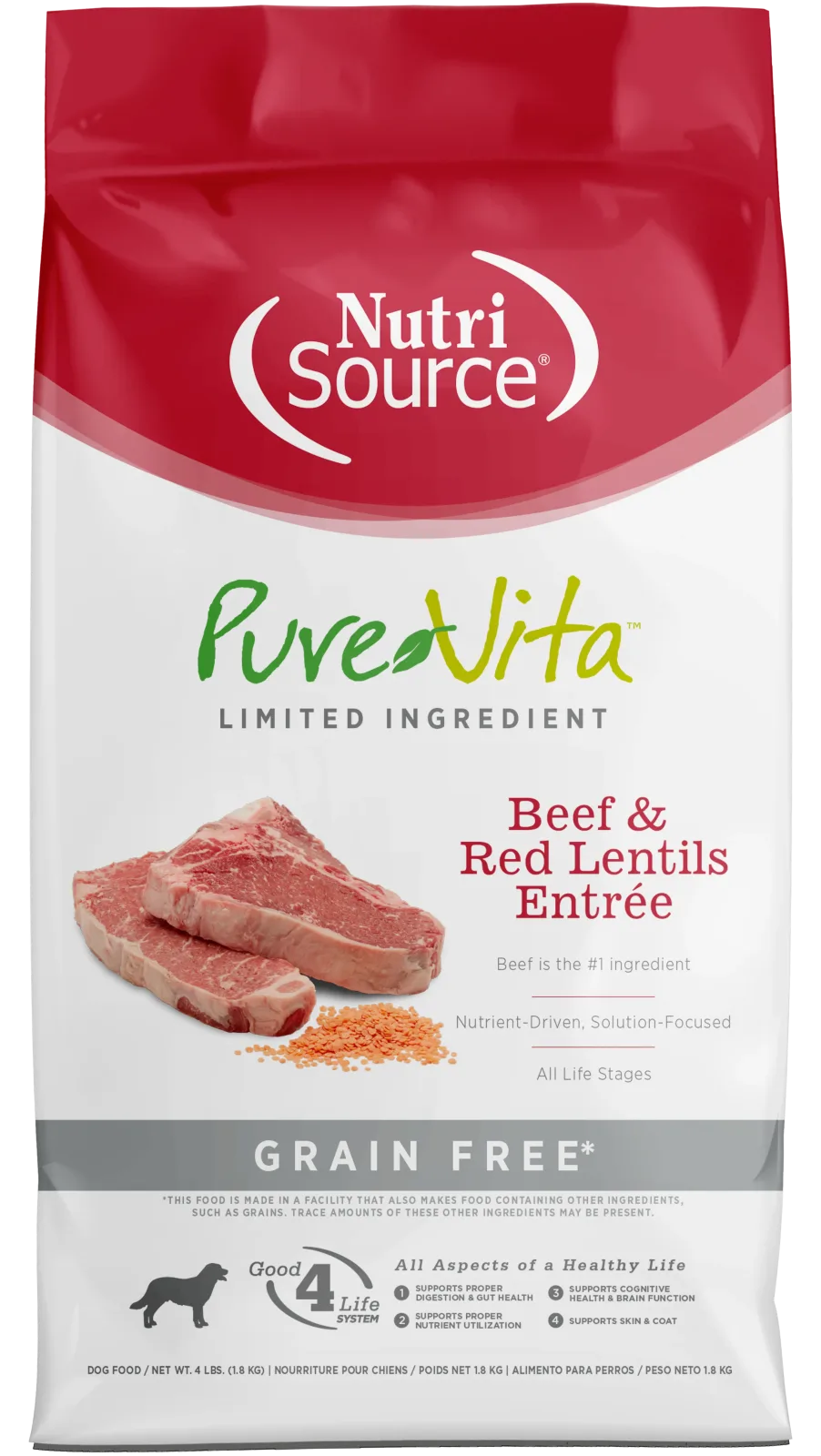 NutriSource PureVita LID Grain Free Dry Dog Food Beef & Red Lentils Entrée 4 lb