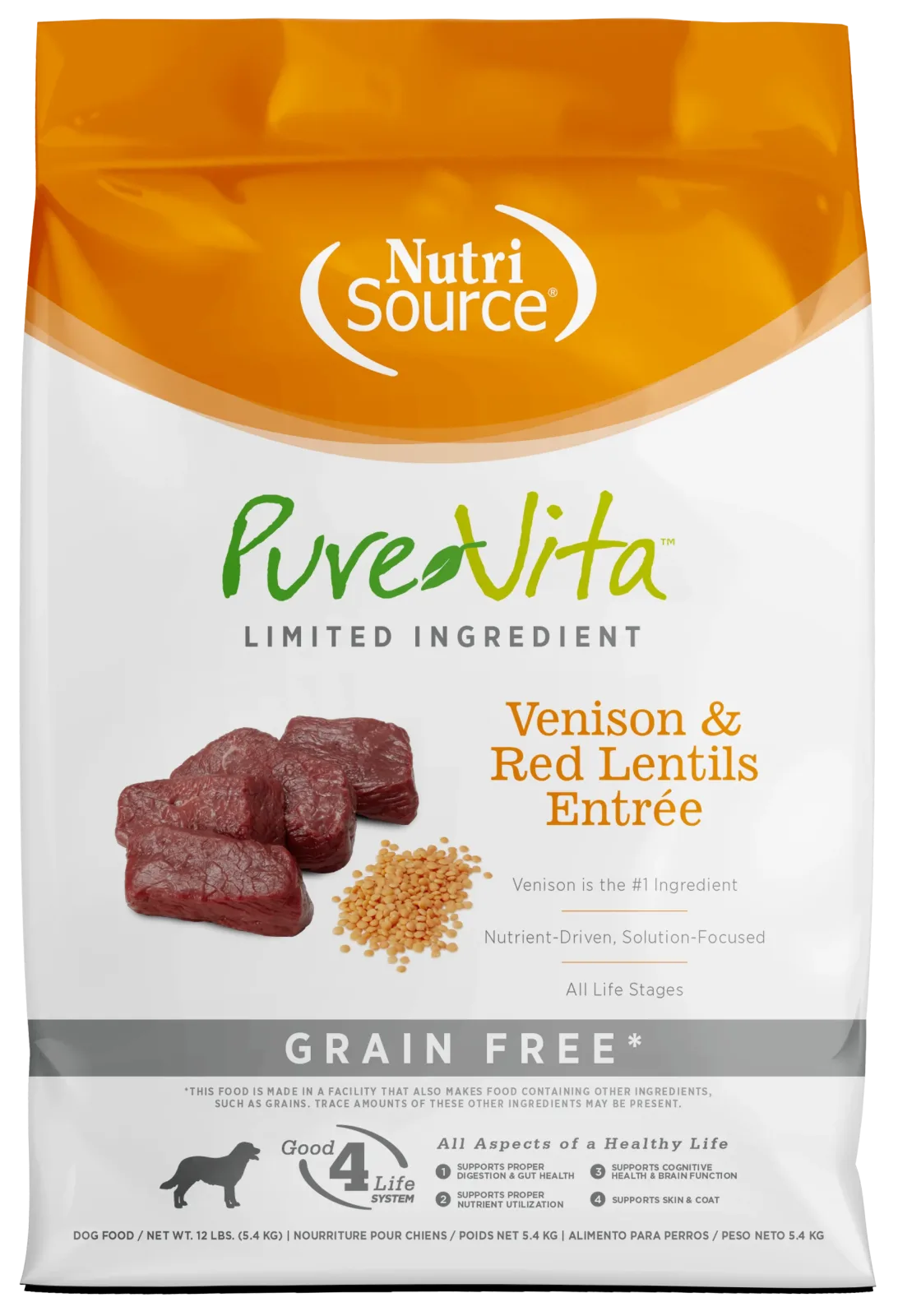NutriSource PureVita LID Grain Free Dry Dog Food Venison & Red Lentils Entrée 12 lb