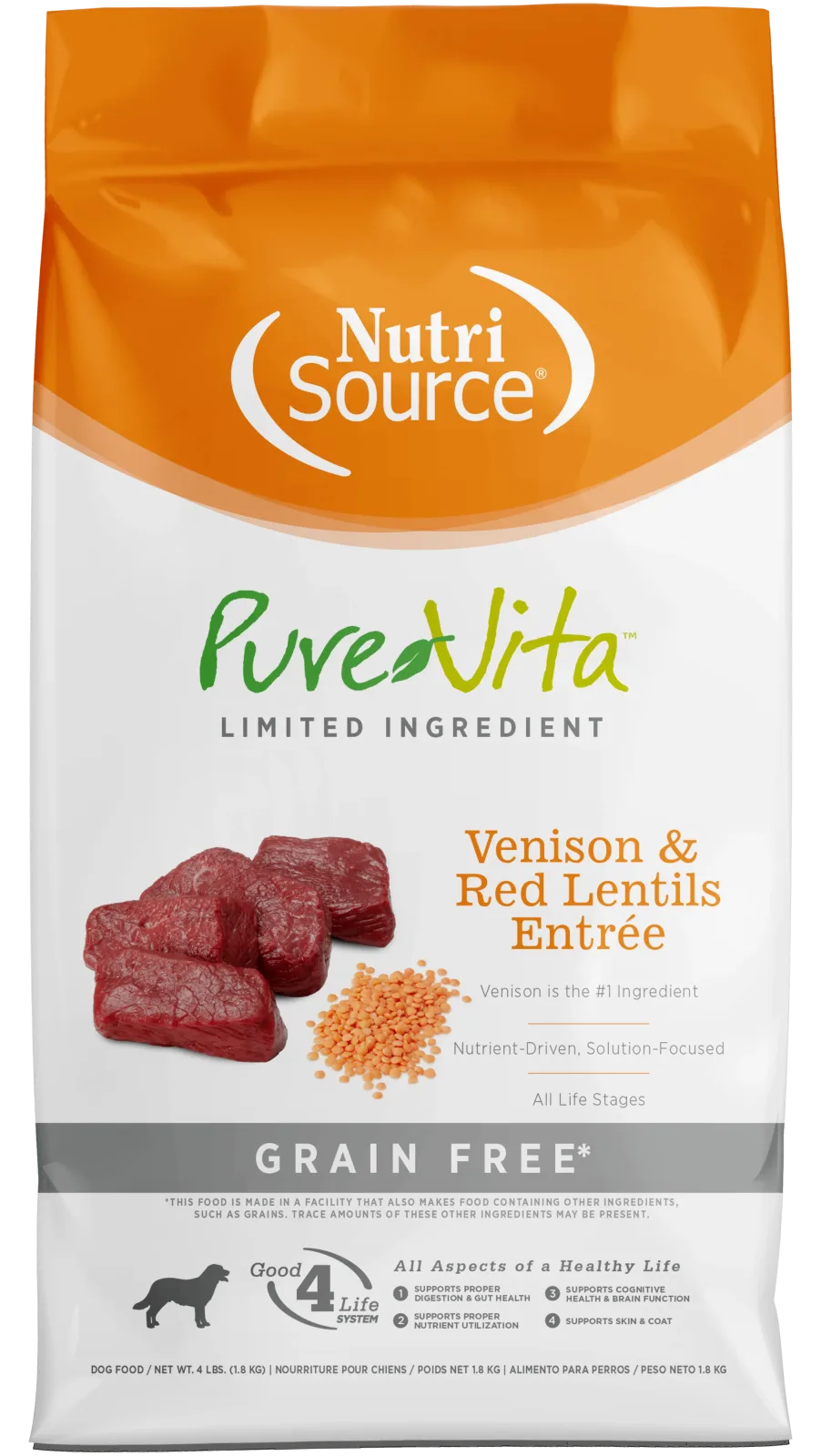 NutriSource PureVita LID Grain Free Dry Dog Food Venison & Red Lentils Entrée 4 lb