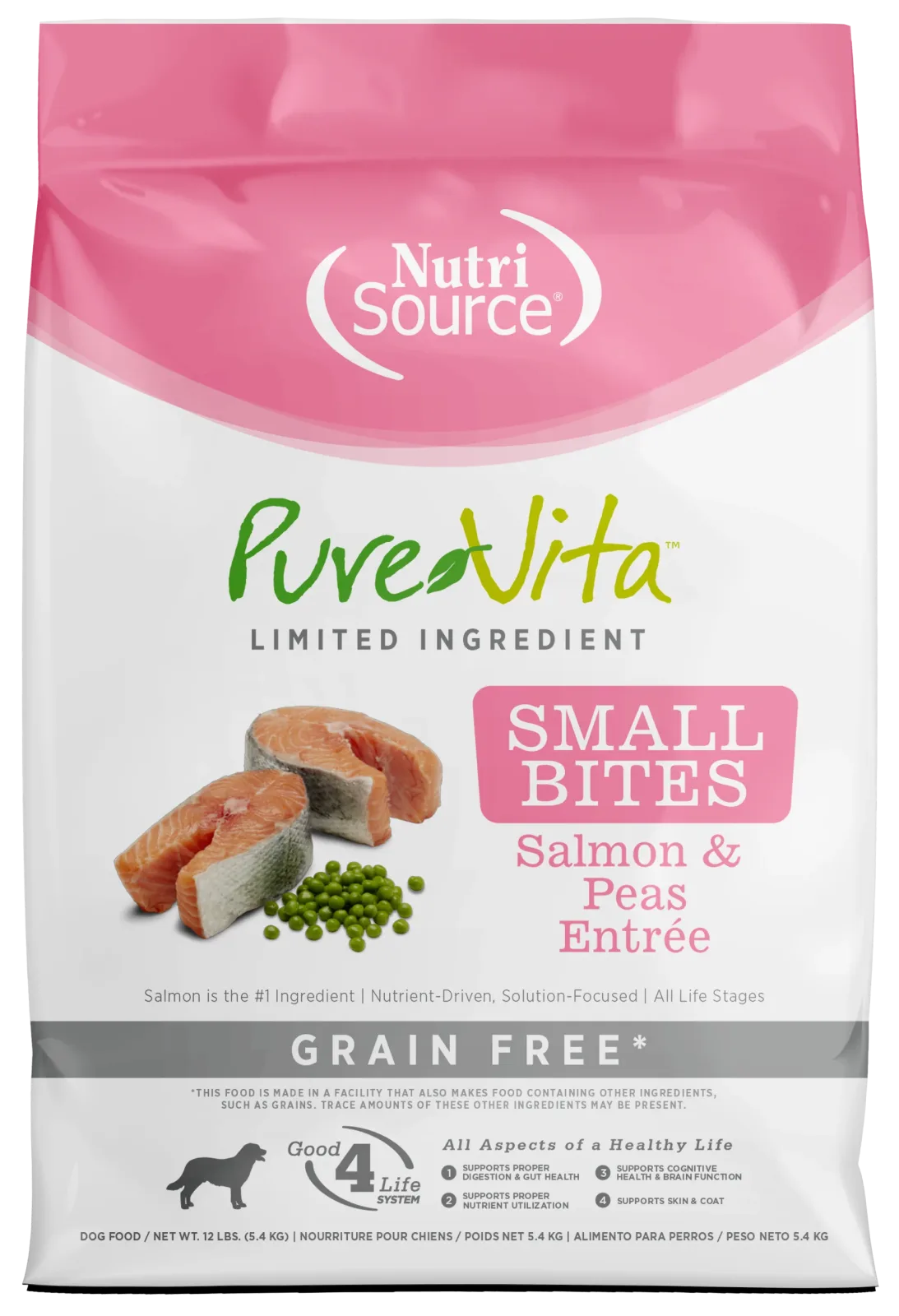 NutriSource PureVita LID Grain Free Small Bites Dry Dog Food Salmon & Peas 12 lb