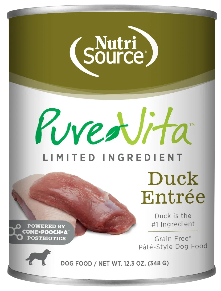 NutriSource PureVita LID Pate Grain Free Wet Dog Food Duck Entrée 12ea/12.3 oz
