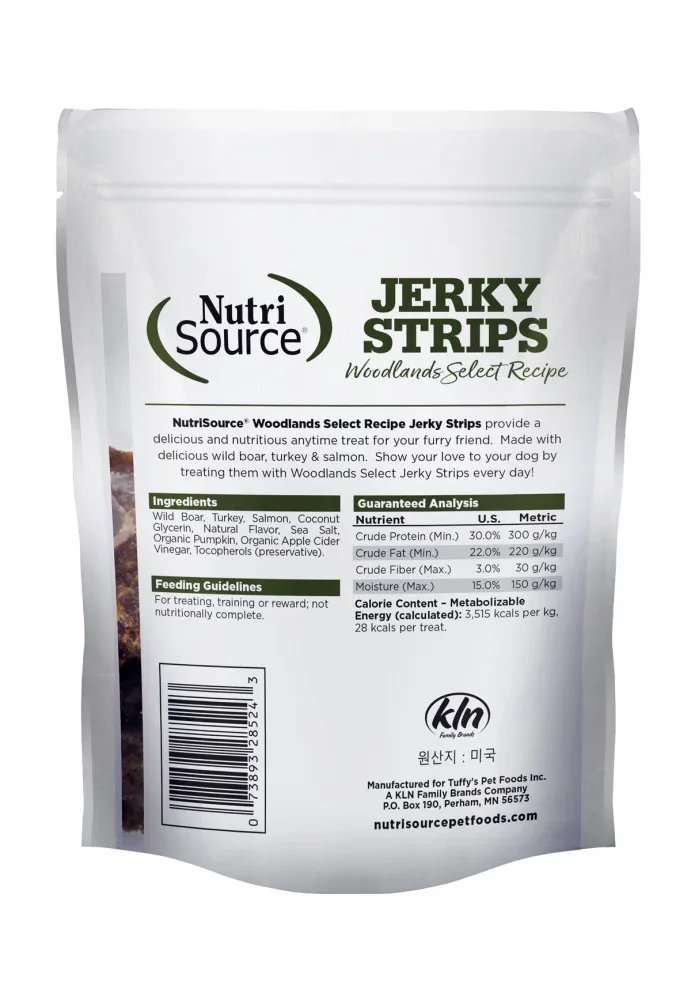 Nutrisource Woodlands Select Jerky Strips 90% Wild Boar, Turkey, & Salmon Grain Free Dog Treats - Image 2