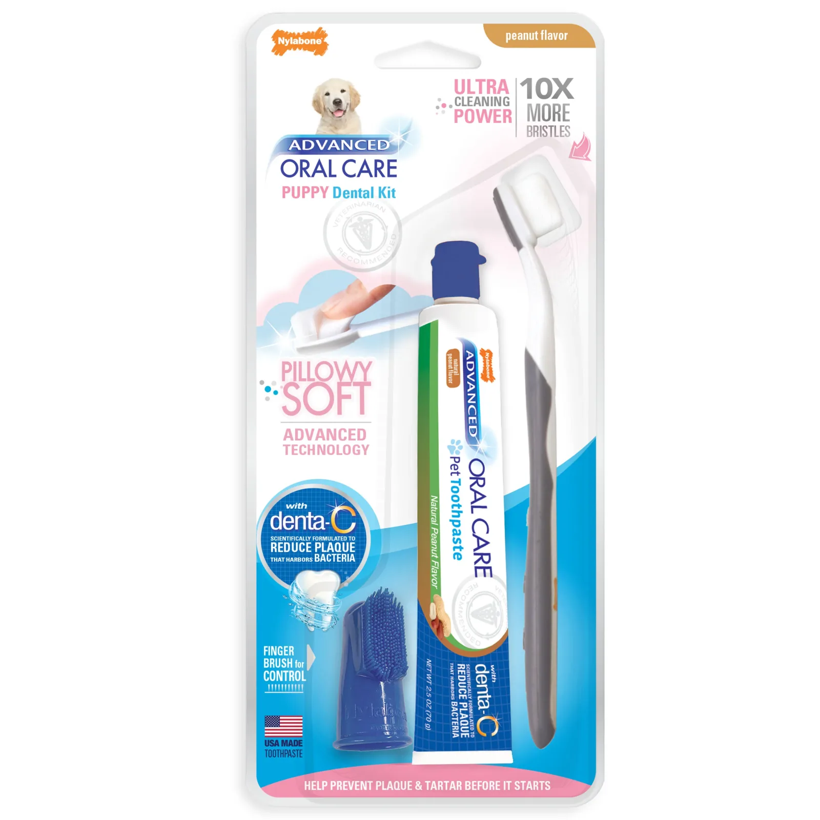 Nylabone Advanced Oral Care Puppy Dental Kit with Pillowy Soft-Bristle Toothbrush Peanut Butter 2.5 oz (3 ct)