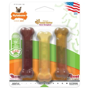 Nylabone FlexiChew Moderate Dog Toys Triple Pack Bacon, Peanut Butter, & Beef X-Small/Petite - Up To 15 Lbs. (3 ct)