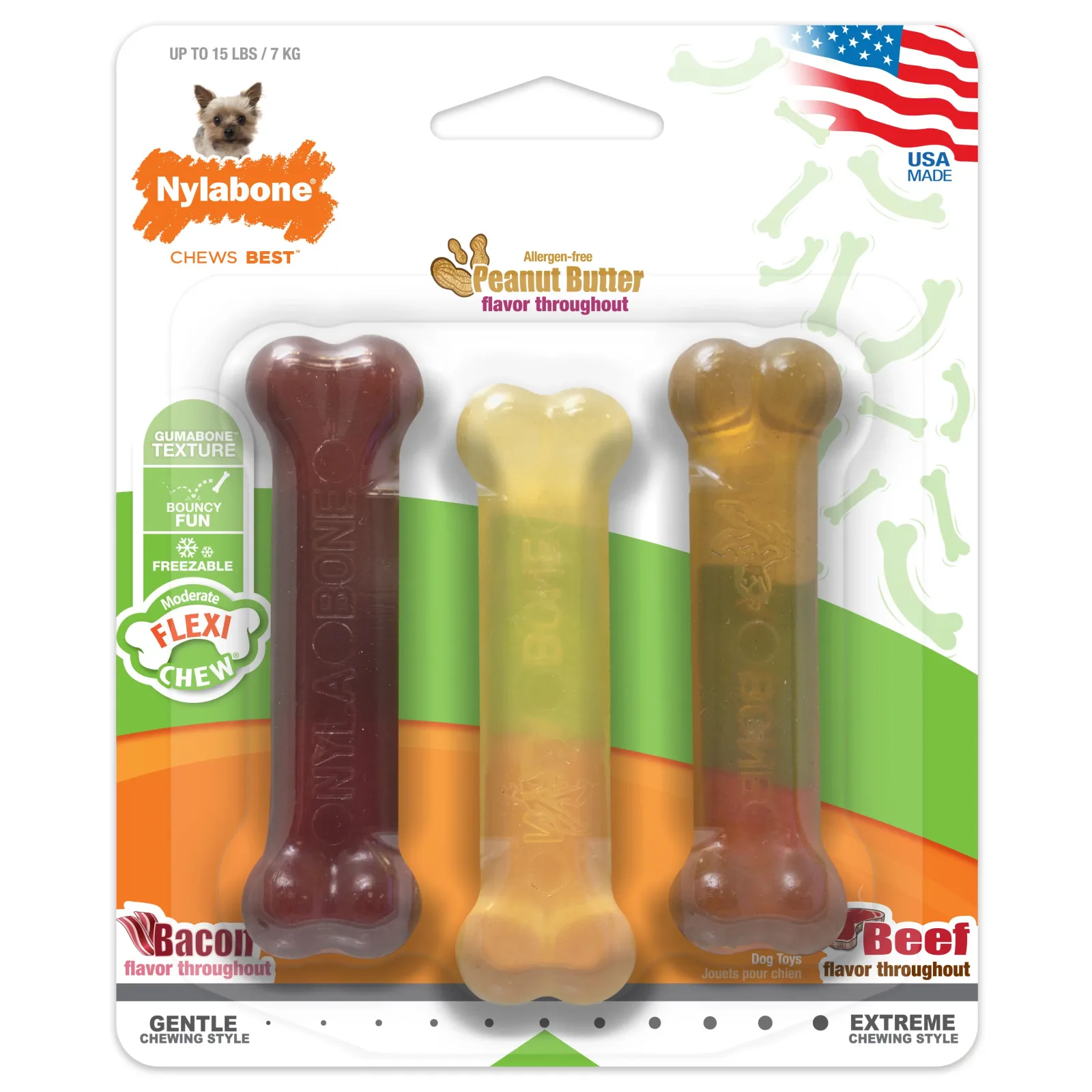 Nylabone FlexiChew Moderate Dog Toys Triple Pack Bacon, Peanut Butter, & Beef X-Small/Petite - Up To 15 Lbs. (3 ct)