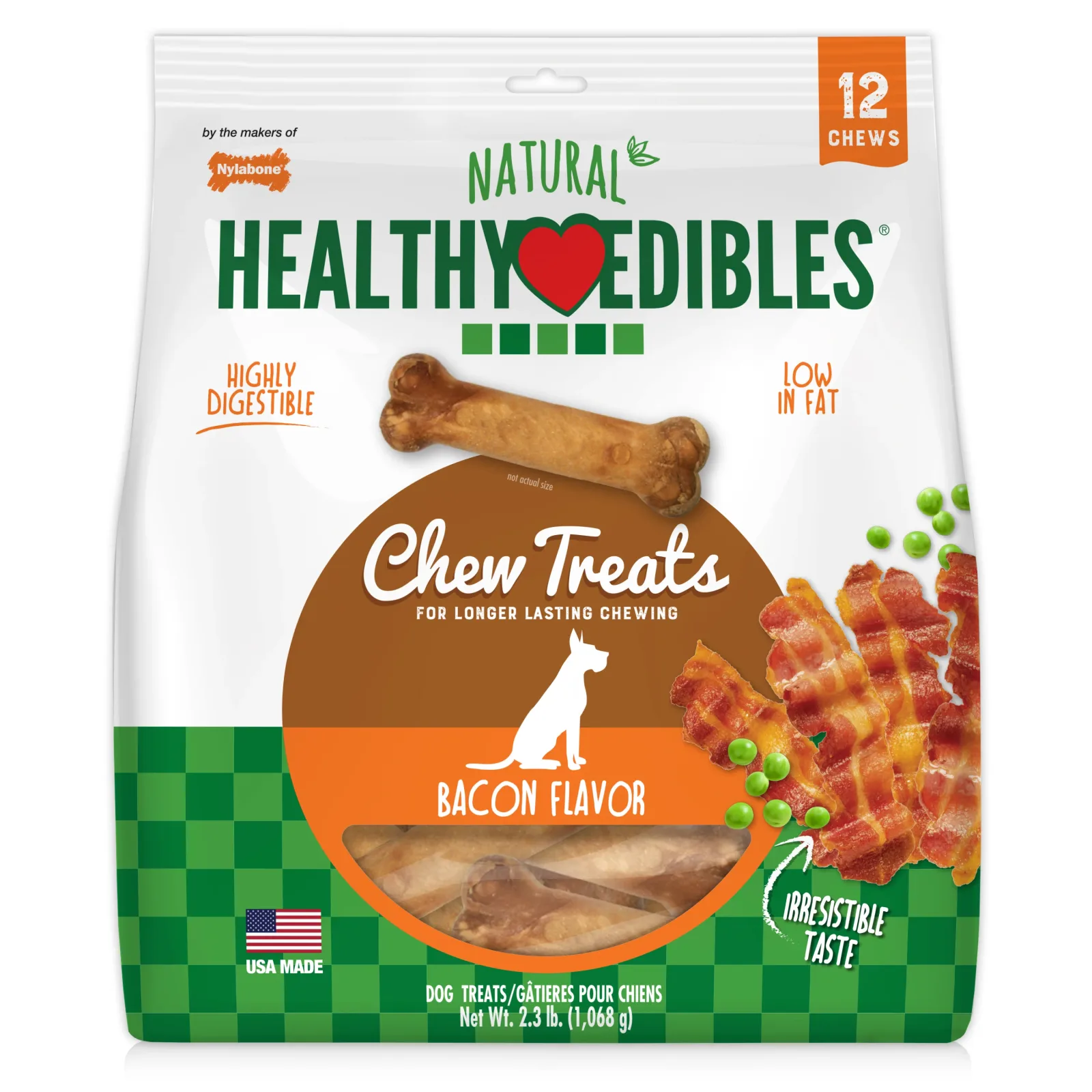 Nylabone Healthy Edibles All-Natural Long Lasting Chew Treats Bacon Medium/Wolf - Up To 35 Lbs. (12 ct)