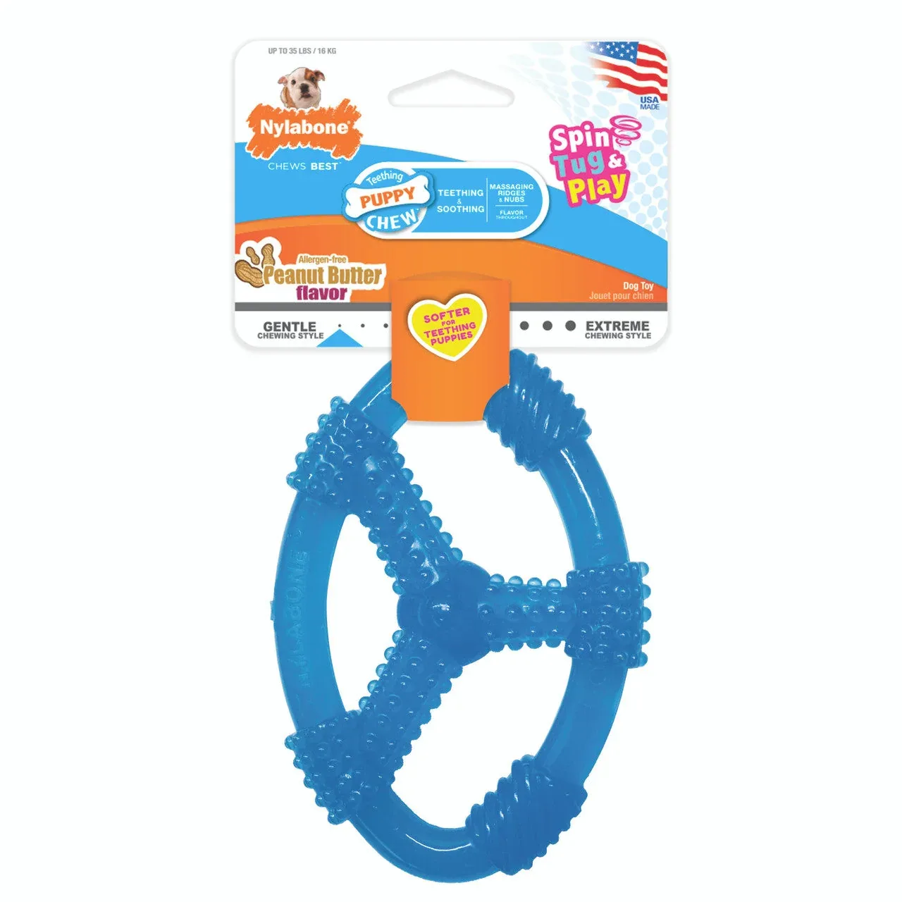 Nylabone Puppy Chew Spin Tug & Play Toy Peanut Butter Blue Medium/Wolf (1 Count)