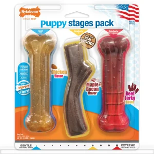 Nylabone Puppy Chew Stages Triple Pack Chewy Toys Chicken, Bacon, & Beef Jerky Medium/Wolf - Up To 35 Lbs. (3 ct)