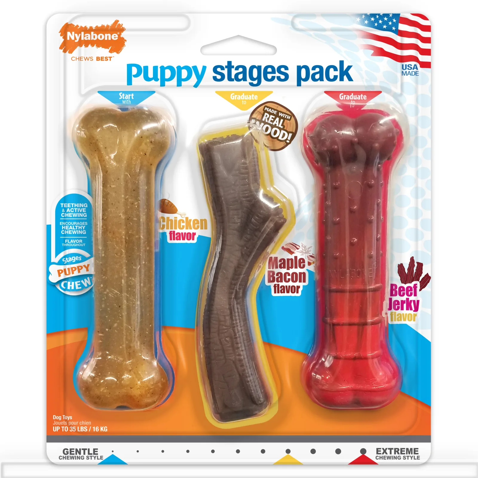 Nylabone Puppy Chew Stages Triple Pack Chewy Toys Chicken, Bacon, & Beef Jerky Medium/Wolf - Up To 35 Lbs. (3 ct)