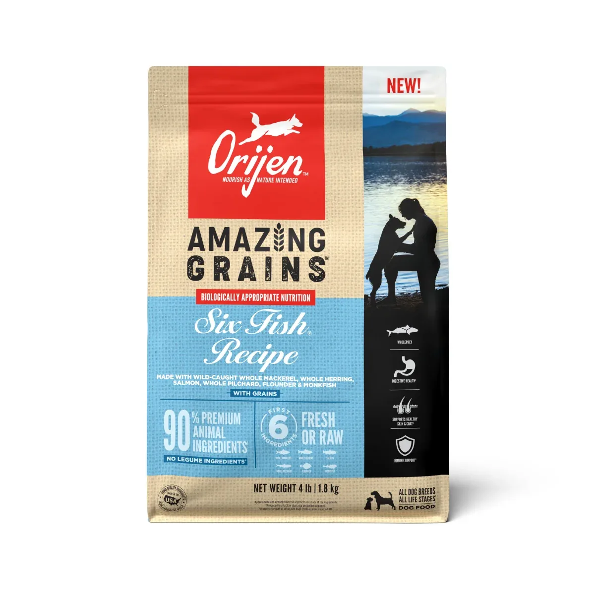 Orijen AMAZING GRAINS Six Fish Dry Dog Food Mackerel, Herring, Salmon, Pilchard, Flounder & Monkfish 4 lb