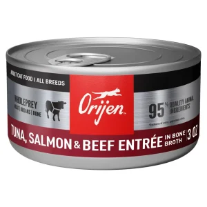 ORIJEN Premium Pate Wet Cat Food in Bone Broth Tuna Salmon & Beef Entrée 3oz Cans