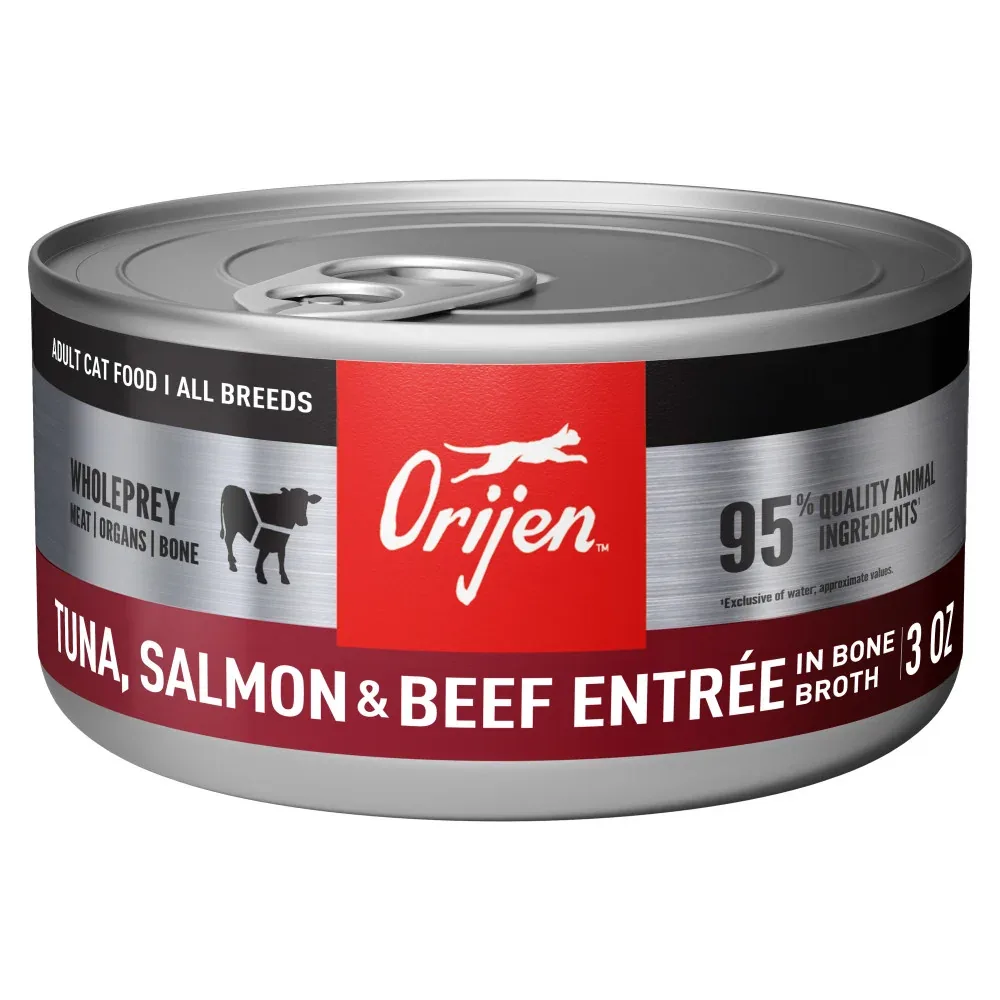 ORIJEN Premium Pate Wet Cat Food in Bone Broth Tuna Salmon & Beef Entrée 3oz Cans