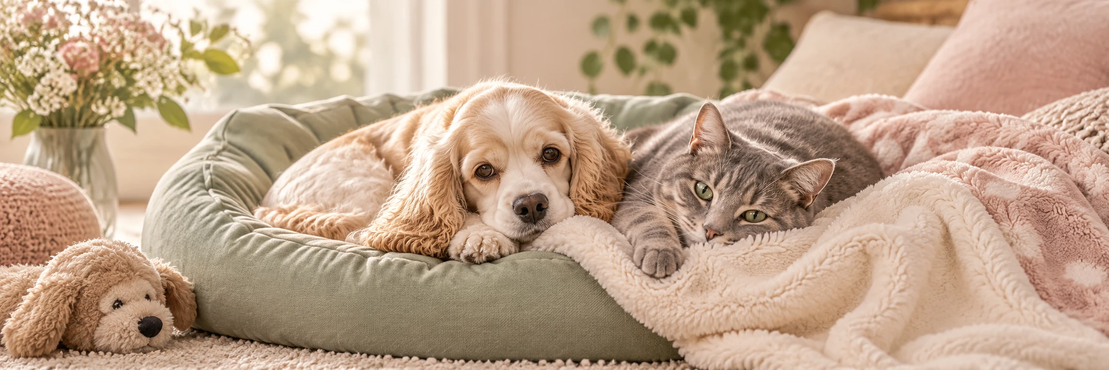 A relaxed spaniel and grey cat resting on soft pet bedding.