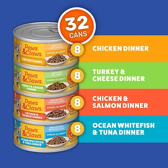 Paws & Claws Adult Shreds in Gravy Wet Cat Food Variety Pack, 5.5 oz., Pack of 32 Cans - Image 2