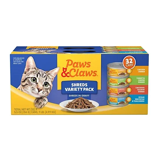 Paws & Claws Adult Shreds in Gravy Wet Cat Food Variety Pack, 5.5 oz., Pack of 32 Cans