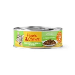 Paws & Claws Adult Turkey and Cheese Dinner Shreds in Gravy Wet Cat Food, 5.5 oz.