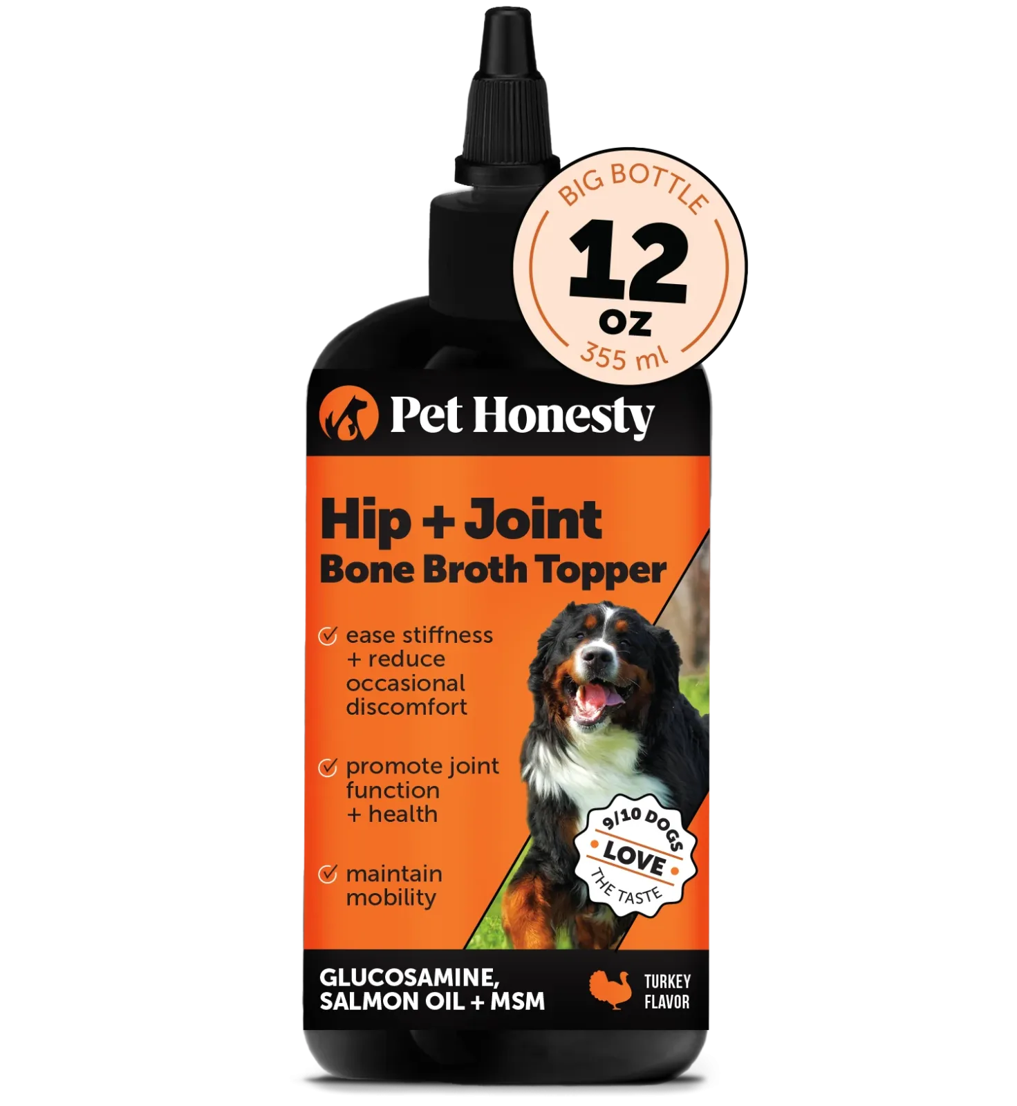 Pet Honesty Hip and Joint Bone Broth and Glucosamine Oil Supplement for Dogs, Turkey Flavor, 12 oz.