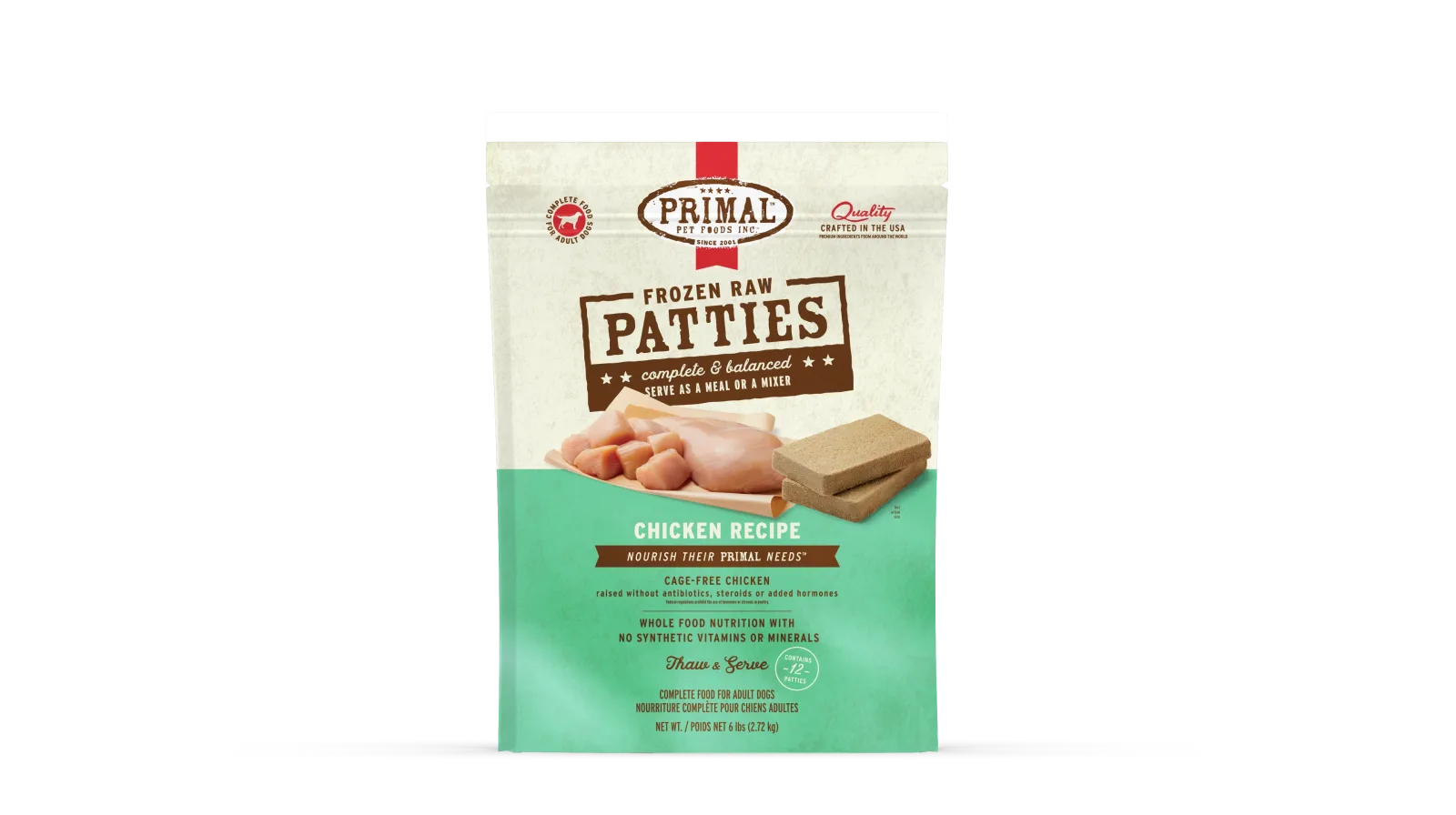 Primal Dog Frozen Raw Patties - 6lb Chicken Recipe
