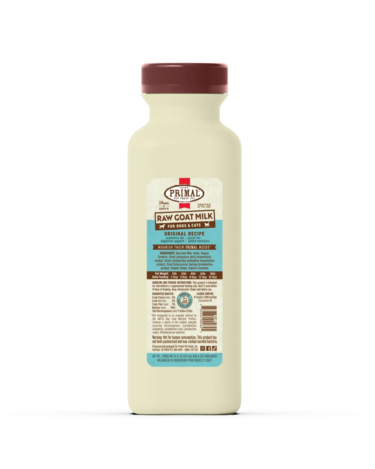 Primal Frozen Raw Goat Milk for Dogs & Cats - 16oz Original