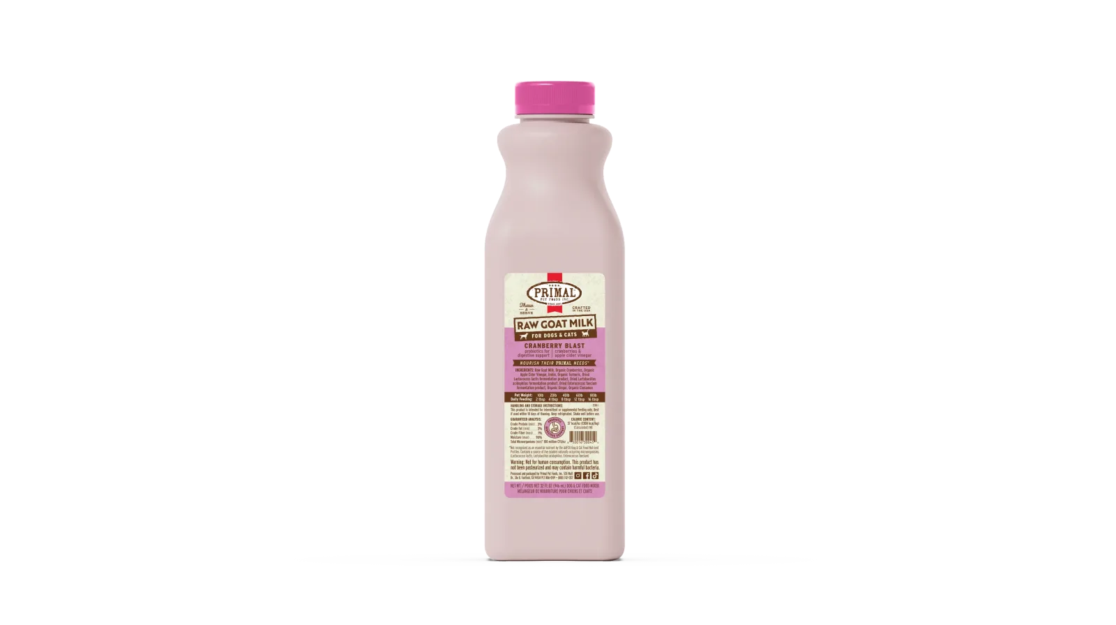 Primal Frozen Raw Goat Milk for Dogs & Cats - 32oz Cranberry Blast