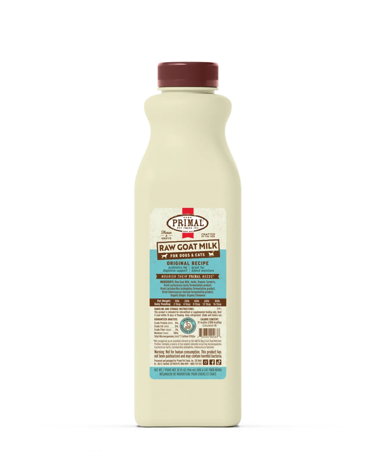 Primal Frozen Raw Goat Milk for Dogs & Cats - 32oz Original