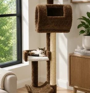 Deluxe Cat Tower for Large Cats – Multi-Level Solid Wood Cat Tree with Carpet and Sisal Rope