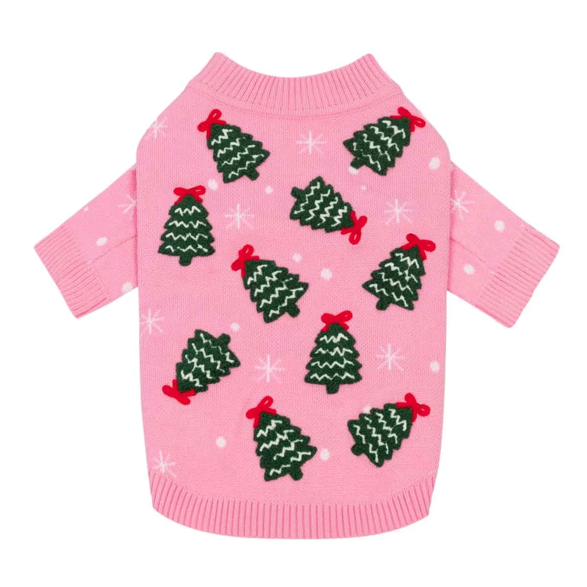 Christmas Tree Bow Dog Embroidered Sweater in Pink