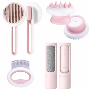 Pet Life ® 4-Piece Modern Premium Massage Slicker and Lint Brush and Deshedder Cat and Dog Grooming Set - Pink