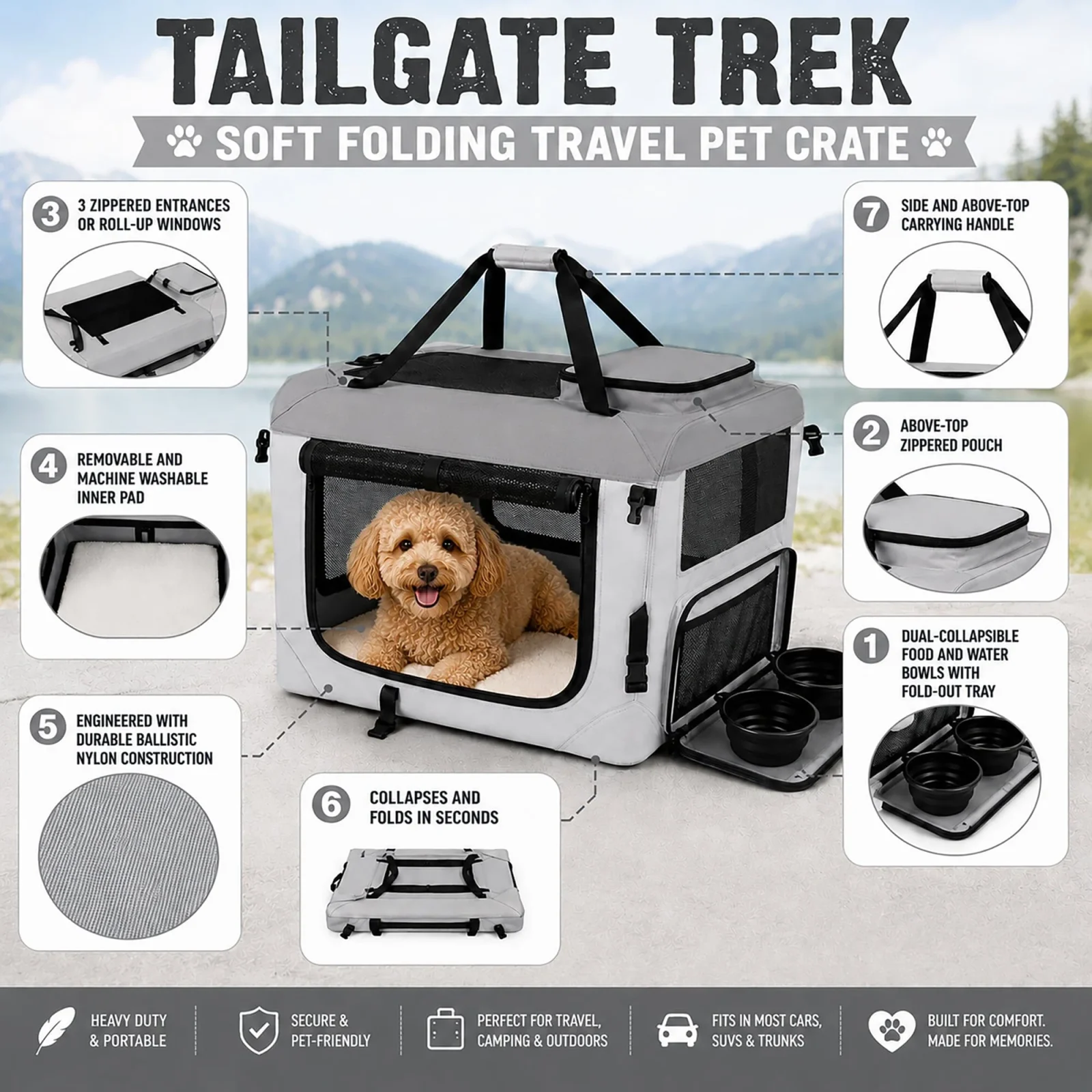 Pet Life ® Tailgate-Den Collapsible Travel Pet Crate with Dual Bowls and Storage - Image 2