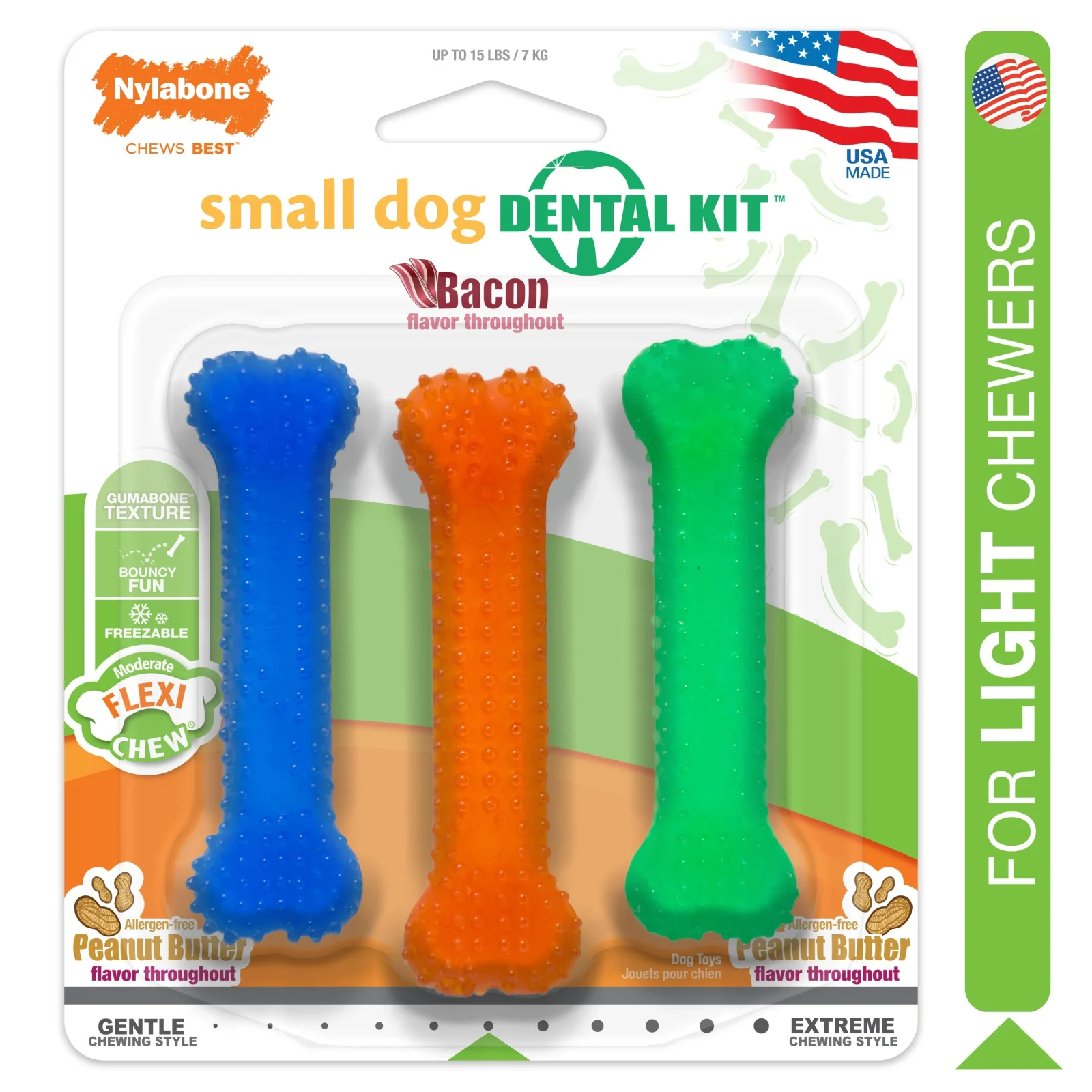 Nylabone FlexiChew Dog Dental Pack Peanut Butter Bacon, X-Small/Petite up to 15 lb. 3 ct