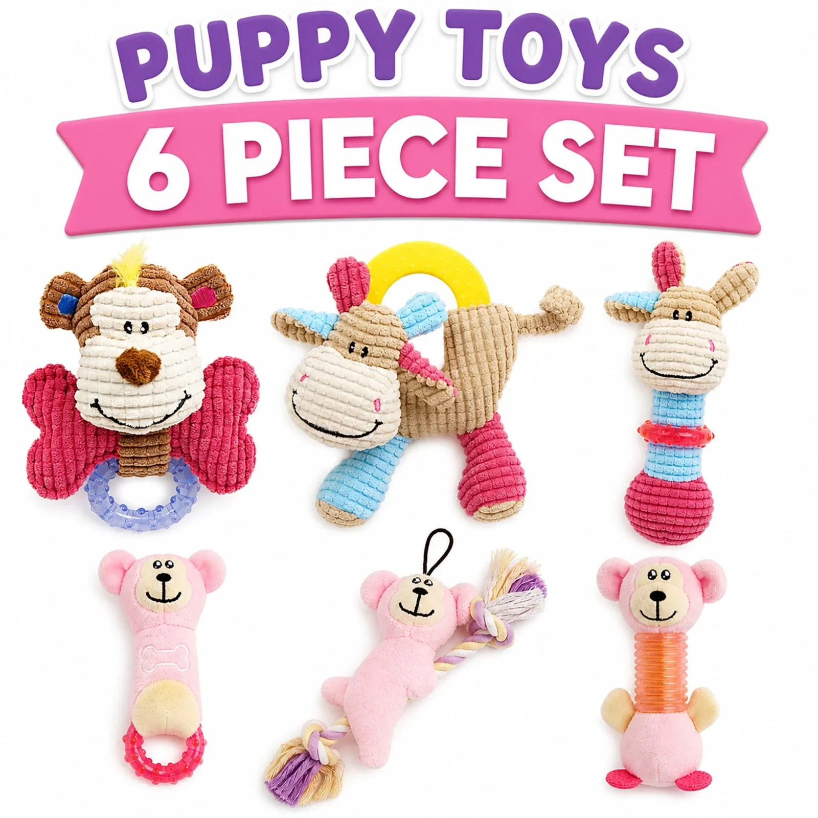 Pet Life ® 6-Piece Girl Puppy Starter Kit Plush Rope Teething and Crinkle Dog Toy Set - Pink - Image 2