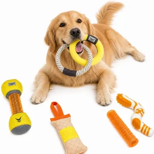 Pet Life ® 5-Piece Rugged Nylon and Rubber Plush Squeak Tug and Fetch Dog Toy Set - Yellow and Orange