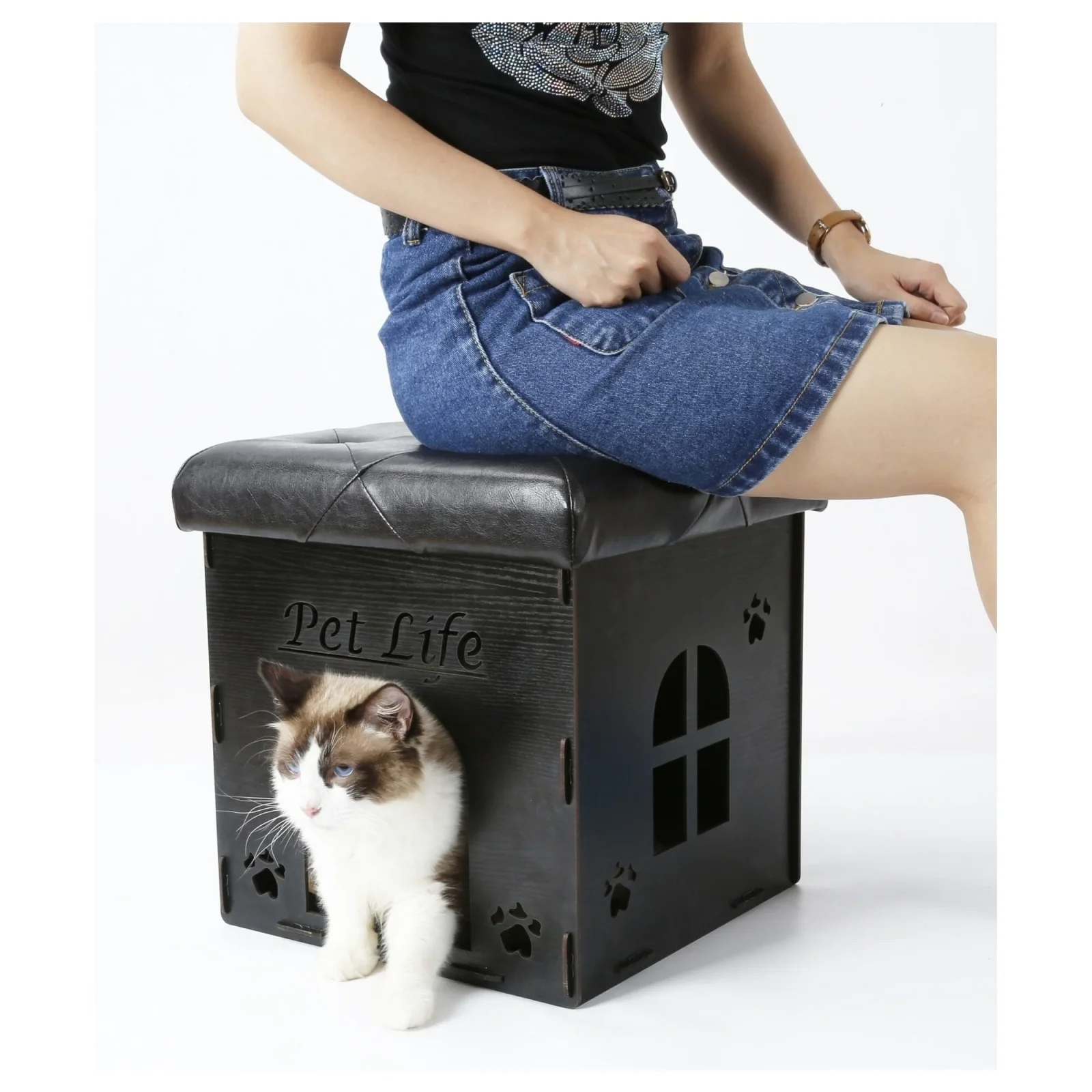 Pet Life ® 'Kitty Kallapse' Collapsible Folding Kitty Cat House Tree Bed Ottoman Bench Furniture - Image 2