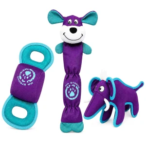 Pet Life ® 3-Piece Durable Nylon Plush Squeaking Bundle Dog Toy Set - Purple and Aqua