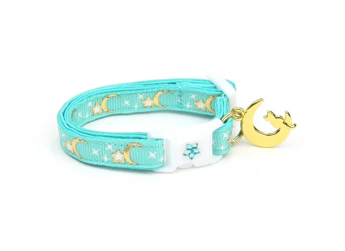 Up Country Gold Moons and Stars Aqua Cat Collar with Breakaway Safety