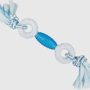 Multipet Canine Clean Peppermint Dumbbell With TPR Core & Rope Ends Dog Toy, Blue, White, 11 in