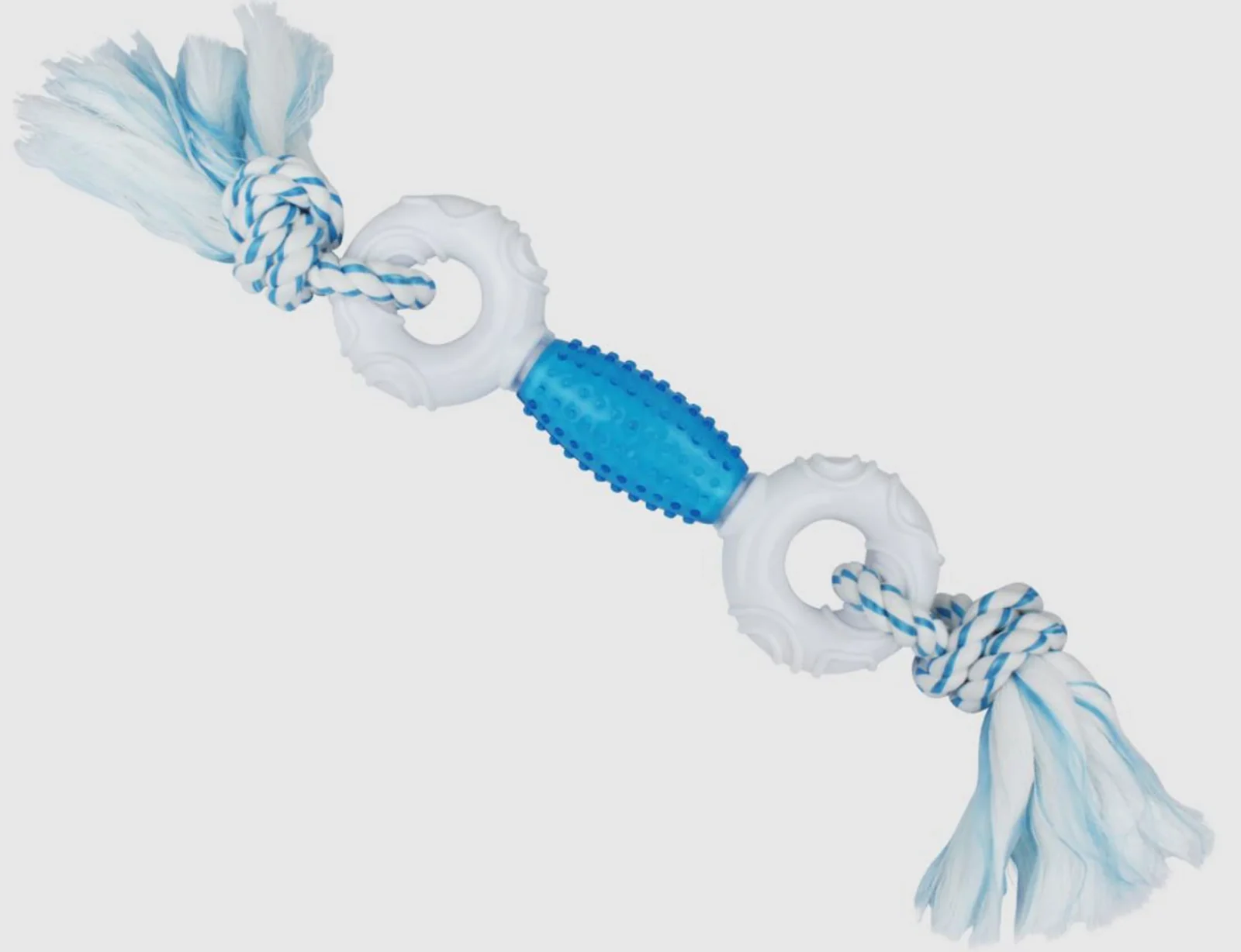 Multipet Canine Clean Peppermint Dumbbell With TPR Core & Rope Ends Dog Toy, Blue, White, 11 in