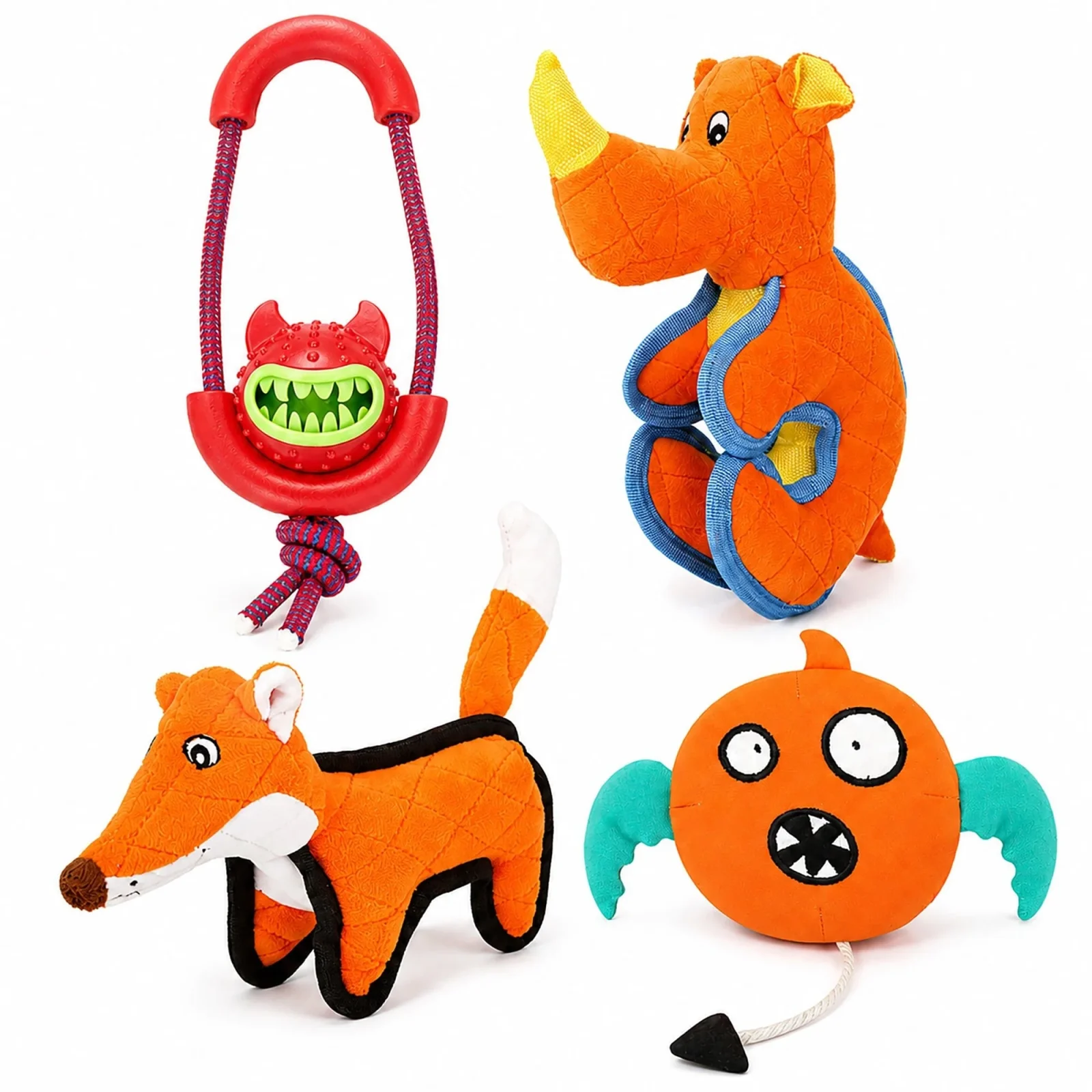 Pet Life ® 4-Piece Fetch Tug and Plush Squeaking Bundle Dog Toy Set - Orange
