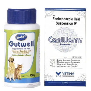 Vetina Canworm (Fenbendazole) Pet Deworming Suspension (30ml) and Venkys Gutwell Pre & Probiotics Gut Health Powder (100g) for Dogs and Cats Combo