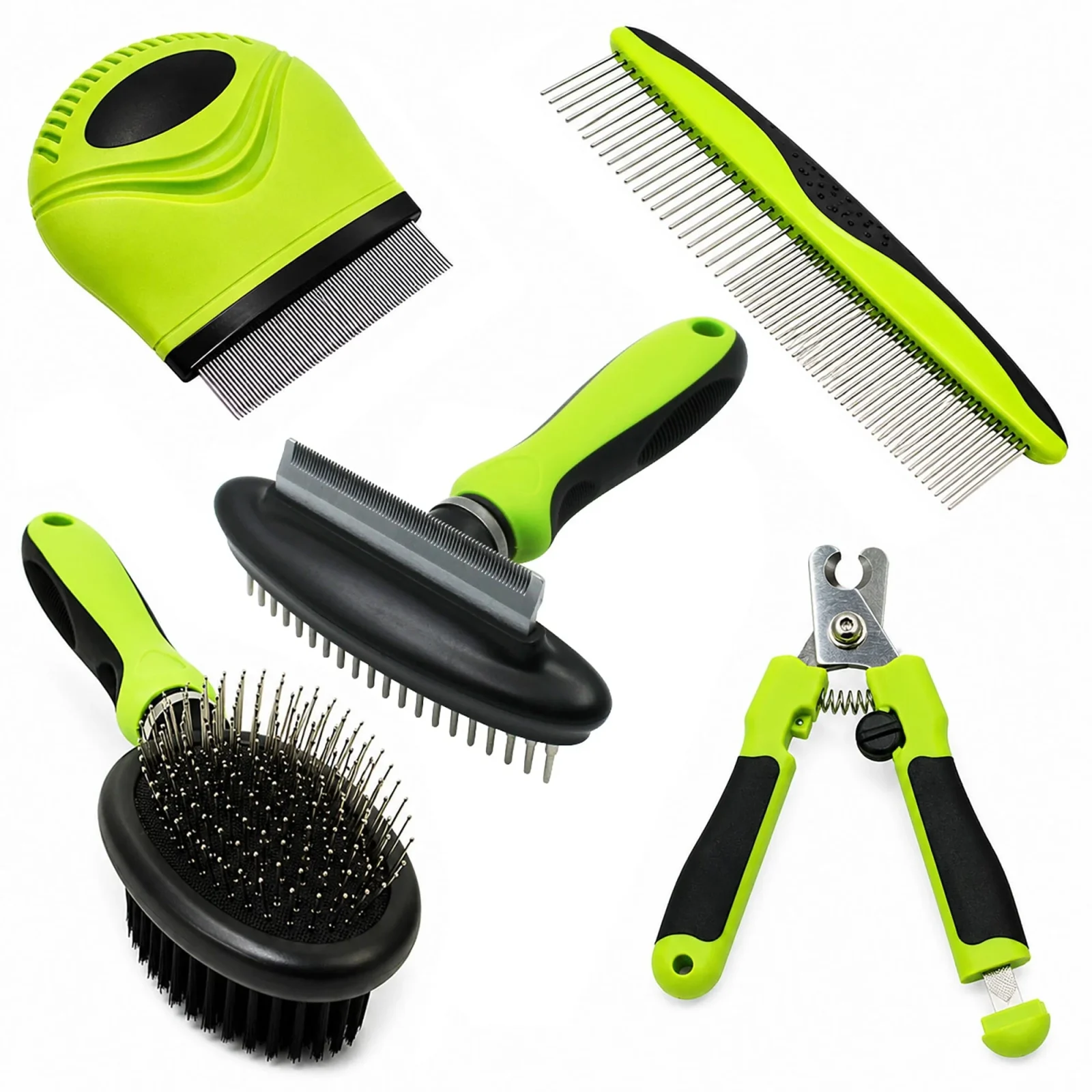 Pet Life ® 5-Piece Premium Nail Trimmer and Comb Pin Tick and Bristle Brush Cat and Dog Grooming Set - Green