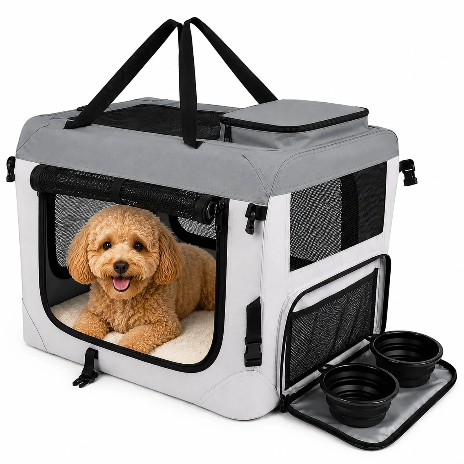 Pet Life ® Tailgate-Den Collapsible Travel Pet Crate with Dual Bowls and Storage